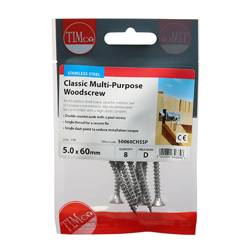 Timco Classic Multi-Purpose Screws - PZ - Double Countersunk - Stainless Steel 5.0 x 60 - 8 Pieces