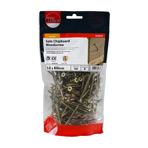 Timco Solo Woodscrews - PZ - Double Countersunk - Yellow 5.0 x 60 - 160 Pieces