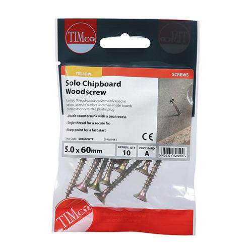 Timco Solo Woodscrews - PZ - Double Countersunk - Yellow 5.0 x 60 - 10 Pieces