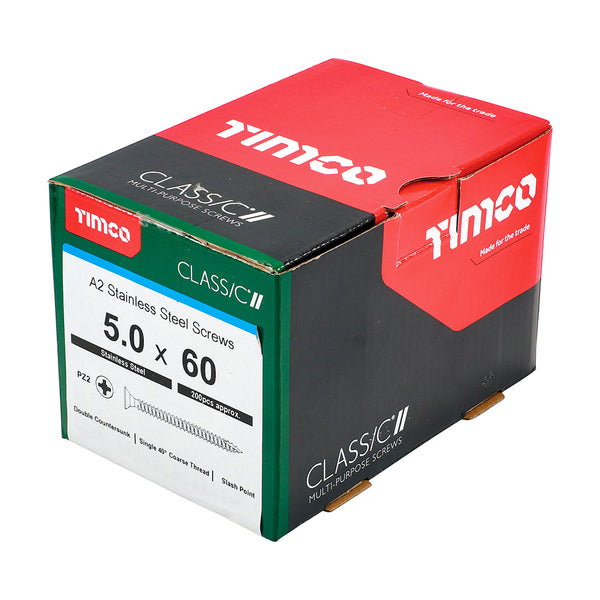 Timco Classic Multi-Purpose Screws - PZ - Double Countersunk - A2 Stainless Steel 5.0 x 60 - 200 Pieces