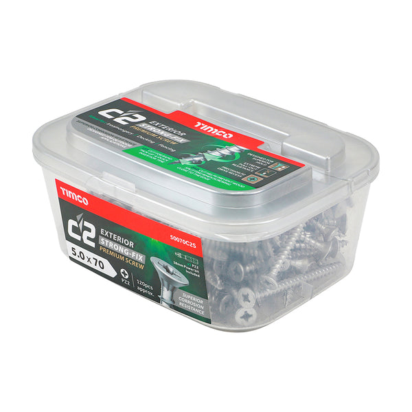 Timco C2 Strong-Fix Exterior Multi-Purpose Premium Screws - PZ - Double Countersunk - Silver 5.0 x 70 - 120 Pieces