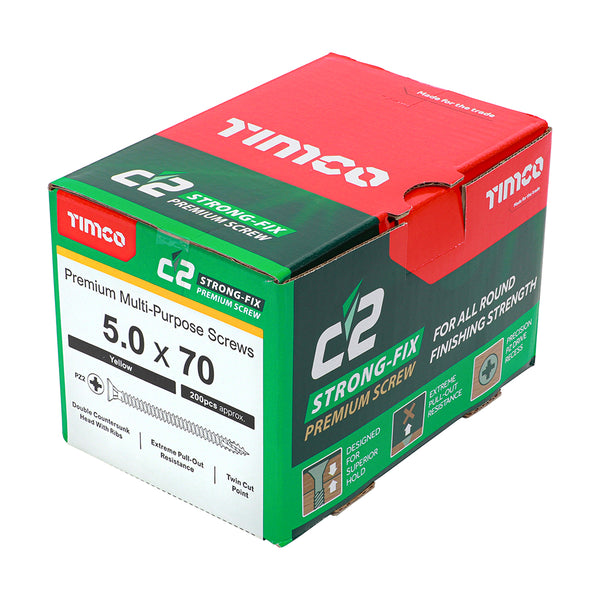 Timco C2 Strong-Fix Multi-Purpose Premium Screws - PZ - Double Countersunk - Yellow 5.0 x 70 - 200 Pieces