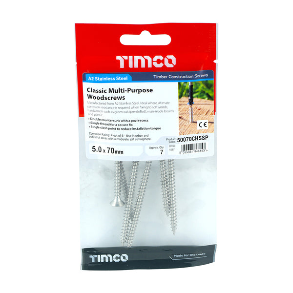 Timco Classic Multi-Purpose Screws - PZ - Double Countersunk - Stainless Steel 5.0 x 70 - 7 Pieces