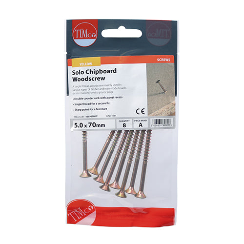 Timco Solo Woodscrews - PZ - Double Countersunk - Yellow 5.0 x 70 - 8 Pieces