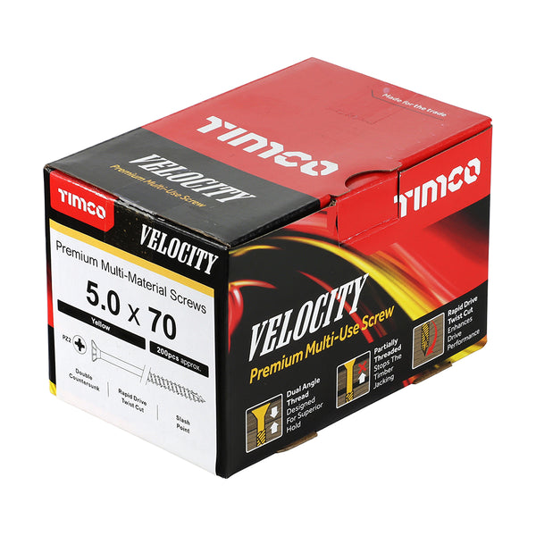 Timco Velocity Premium Multi-Use Screws - PZ - Double Countersunk - Yellow 5.0 x 70 - 200 Pieces