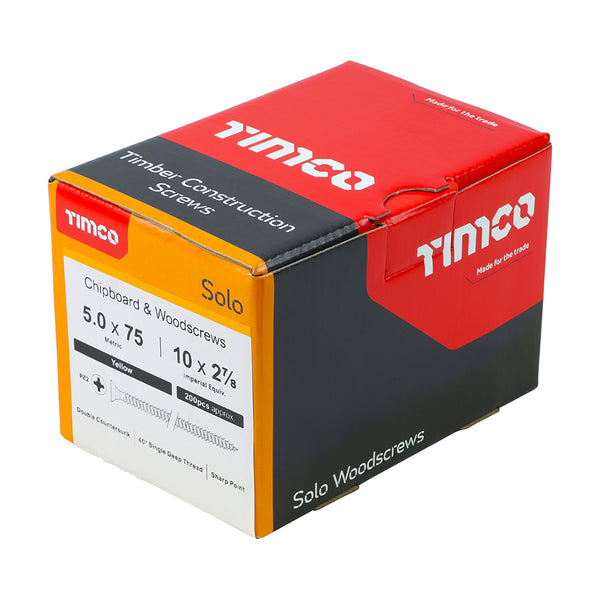 Timco Solo Chipboard & Woodscrews - PZ - Double Countersunk - Yellow 5.0 x 75 - 200 Pieces