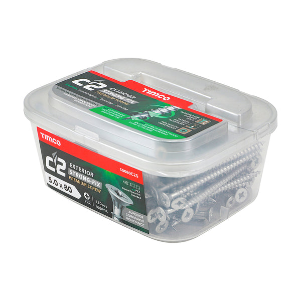 Timco C2 Strong-Fix Exterior Multi-Purpose Premium Screws - PZ - Double Countersunk - Silver 5.0 x 80 - 110 Pieces