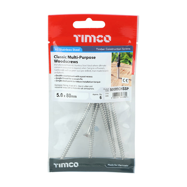 Timco Classic Multi-Purpose Screws - PZ - Double Countersunk - Stainless Steel 5.0 x 80 - 6 Pieces