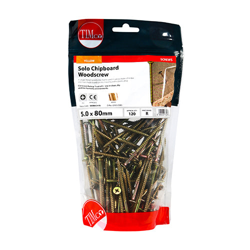 Timco Solo Woodscrews - PZ - Double Countersunk - Yellow 5.0 x 80 - 120 Pieces