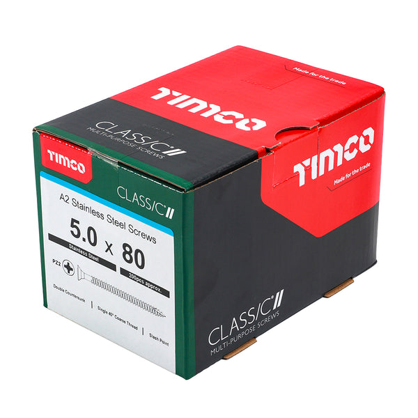 Timco Classic Multi-Purpose Screws - PZ - Double Countersunk - A2 Stainless Steel 5.0 x 80 - 200 Pieces