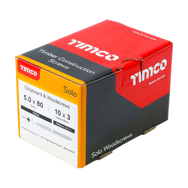 Timco Solo Chipboard & Woodscrews - PZ - Double Countersunk - Yellow 5.0 x 80 - 200 Pieces