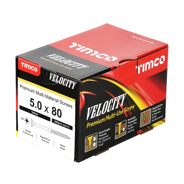 Timco Velocity Premium Multi-Use Screws - PZ - Double Countersunk - Yellow 5.0 x 80 - 200 Pieces