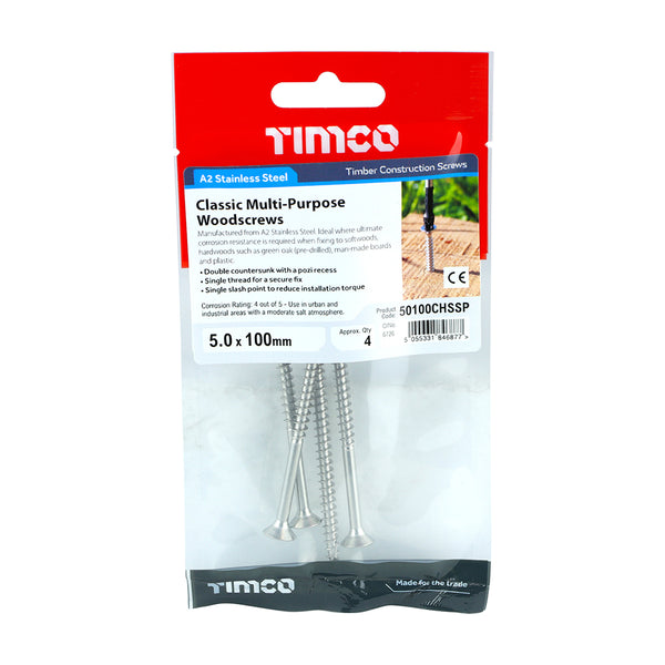 Timco Classic Multi-Purpose Screws - PZ - Double Countersunk - Stainless Steel 5.0 x 100 - 4 Pieces