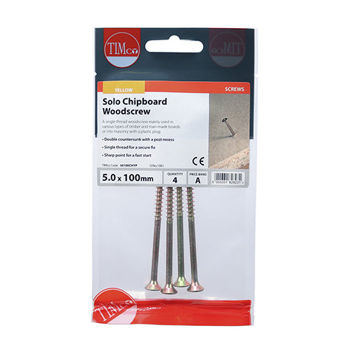Timco Solo Woodscrews - PZ - Double Countersunk - Yellow 5.0 x 100 - 4 Pieces