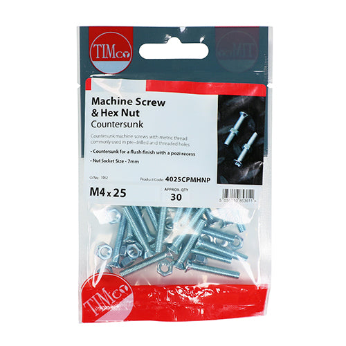 Timco Machine Screws - PZ - Countersunk & Hex Nuts - Zinc M5 x 10 - 40 Pieces