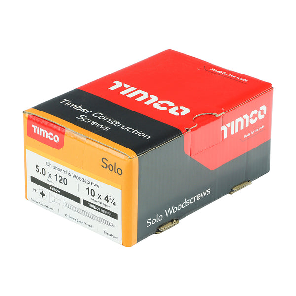 Timco Solo Chipboard & Woodscrews - PZ - Double Countersunk - Yellow 5.0 x 120 - 100 Pieces