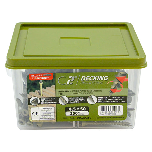 Timco C2 Decking-Fix Premium Decking Screws - TUB - TX - Countersunk - Exterior - Green 4.5 x 50 - 250 Pieces