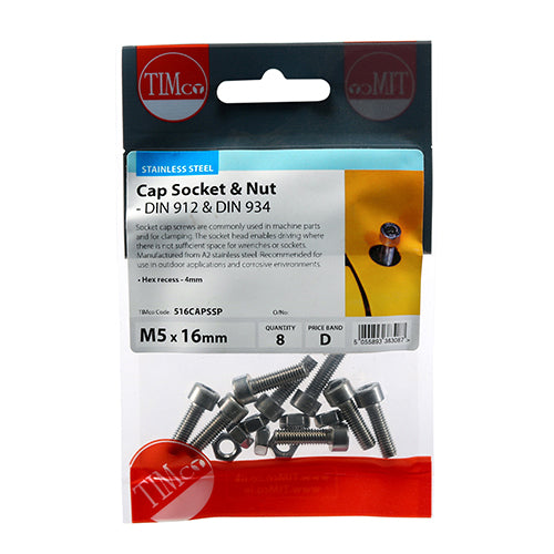 Timco Socket Screws & Hex Nuts - Cap - Stainless Steel M5 x 16 - 8 Pieces