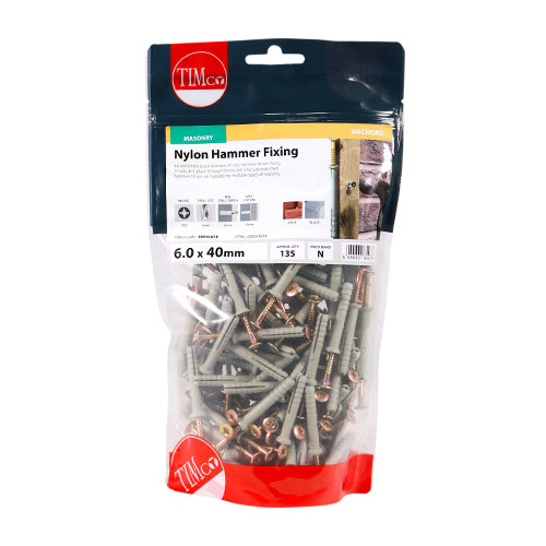 Timco Nylon Hammer Fixings - PZ - Zinc 6.0 x 40 - 135 Pieces