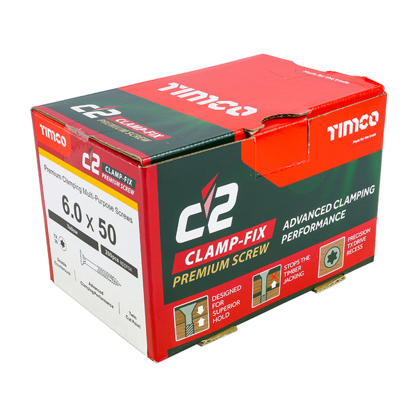 Timco C2 Clamp-Fix Multi-Purpose Premium Screws - TX - Double Countersunk - Yellow 6.0 x 50 - 200 Pieces