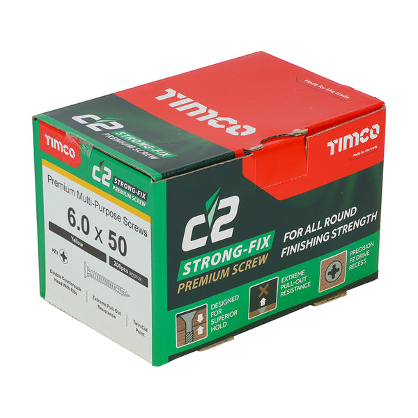 Timco C2 Strong-Fix Multi-Purpose Premium Screws - PZ - Double Countersunk - Yellow 6.0 x 50 - 200 Pieces