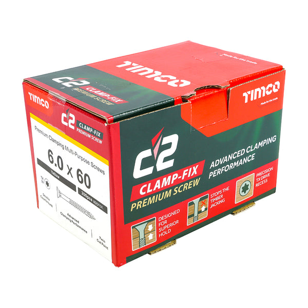 Timco C2 Clamp-Fix Multi-Purpose Premium Screws - TX - Double Countersunk - Yellow 6.0 x 60 - 200 Pieces