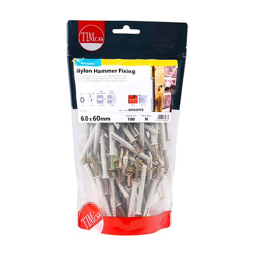 Timco Nylon Hammer Fixings - PZ - Zinc 6.0 x 60 - 100 Pieces