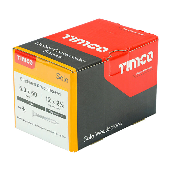 Timco Solo Chipboard & Woodscrews - PZ - Double Countersunk - Yellow 6.0 x 60 - 200 Pieces
