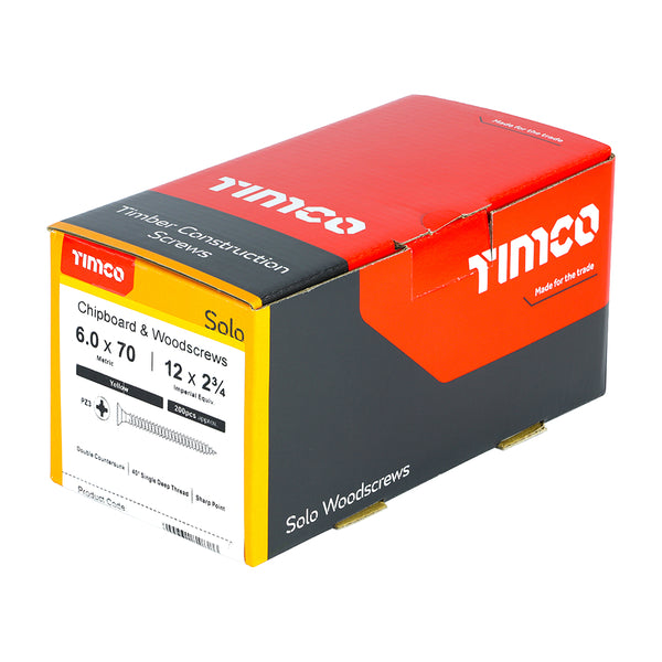 Timco Solo Chipboard & Woodscrews - PZ - Double Countersunk - Yellow 6.0 x 70 - 200 Pieces