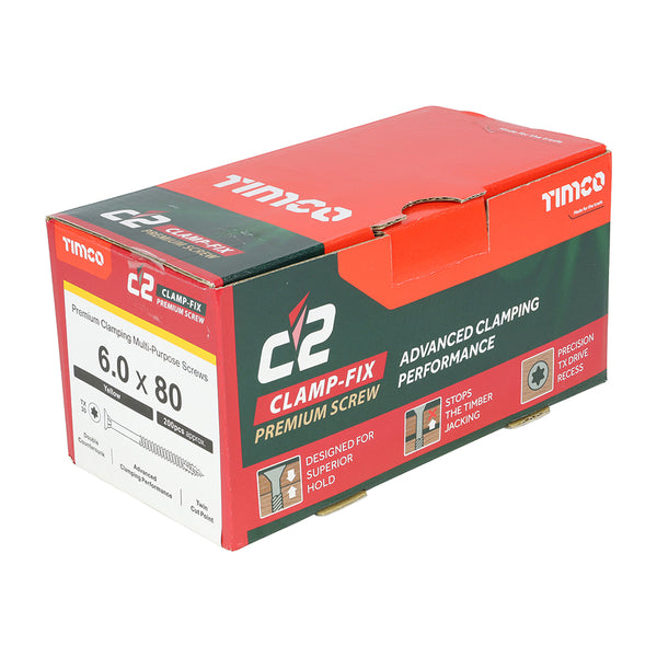 Timco C2 Clamp-Fix Multi-Purpose Premium Screws - TX - Double Countersunk - Yellow 6.0 x 80 - 200 Pieces