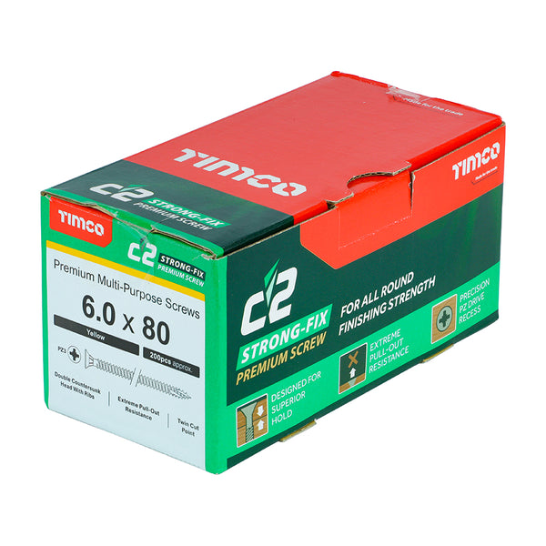 Timco C2 Strong-Fix Multi-Purpose Premium Screws - PZ - Double Countersunk - Yellow 6.0 x 80 - 200 Pieces