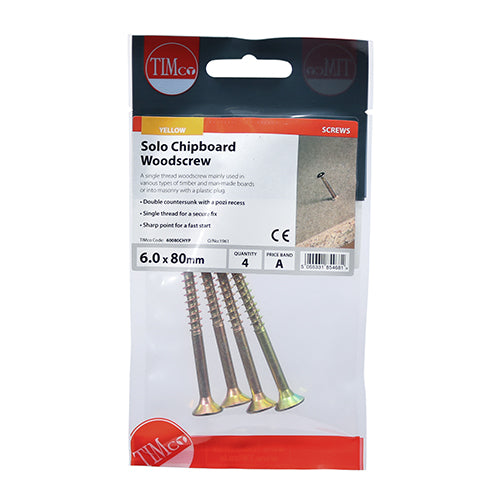 Timco Solo Woodscrews - PZ - Double Countersunk - Yellow 6.0 x 80 - 4 Pieces