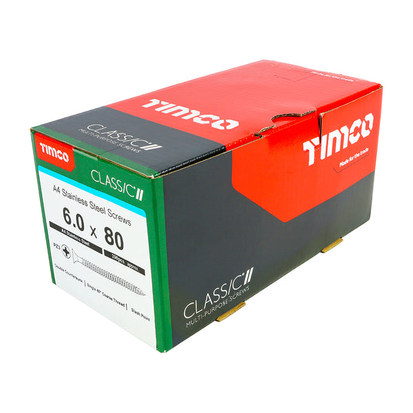 Timco Classic Multi-Purpose Screws - PZ - Double Countersunk - A4 Stainless Steel 6.0 x 80 - 200 Pieces