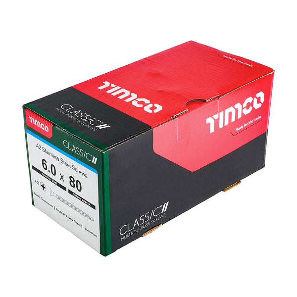 Timco Classic Multi-Purpose Screws - PZ - Double Countersunk - A2 Stainless Steel 6.0 x 80 - 200 Pieces