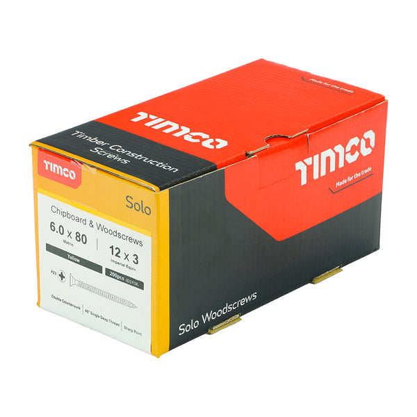 Timco Solo Chipboard & Woodscrews - PZ - Double Countersunk - Yellow 6.0 x 80 - 200 Pieces