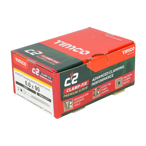 Timco C2 Clamp-Fix Multi-Purpose Premium Screws - TX - Double Countersunk - Yellow 6.0 x 90 - 100 Pieces