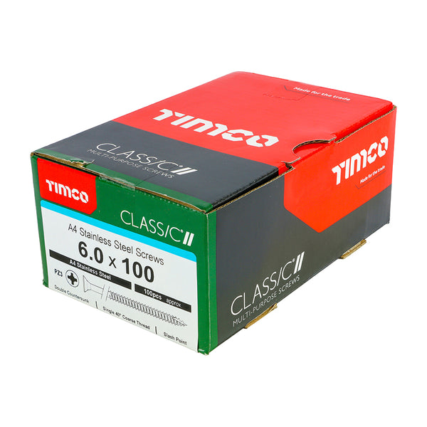 Timco Classic Multi-Purpose Screws - PZ - Double Countersunk - A4 Stainless Steel 6.0 x 100 - 100 Pieces