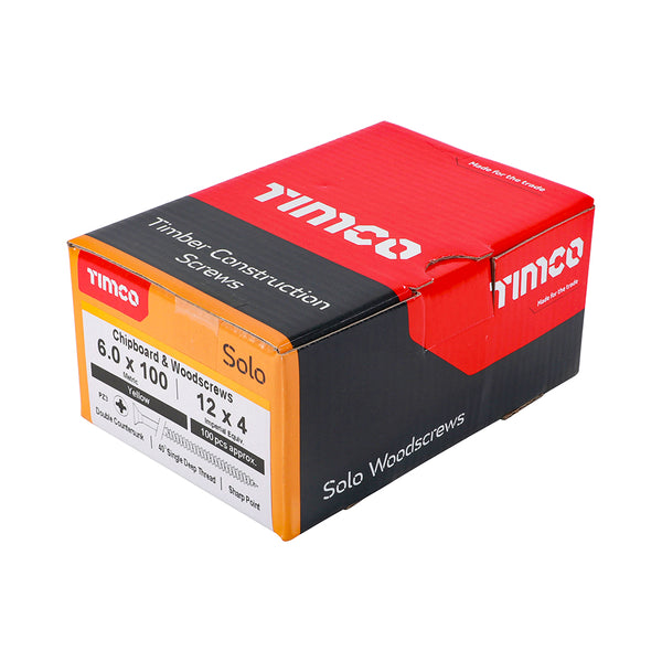 Timco Solo Chipboard & Woodscrews - PZ - Double Countersunk - Yellow 6.0 x 100 - 100 Pieces