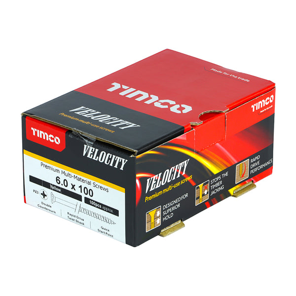 Timco Velocity Premium Multi-Use Screws - PZ - Double Countersunk - Yellow 6.0 x 100 - 100 Pieces