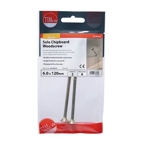 Timco Solo Woodscrews - PZ - Double Countersunk - Yellow 6.0 x 120