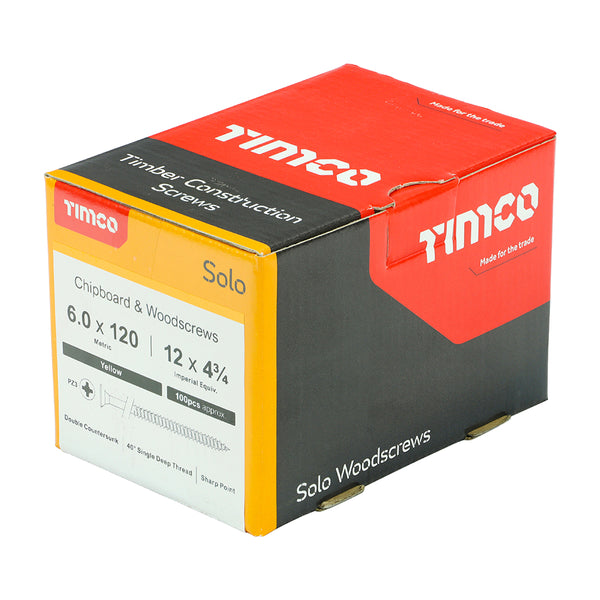 Timco Solo Chipboard & Woodscrews - PZ - Double Countersunk - Yellow 6.0 x 120 - 100 Pieces