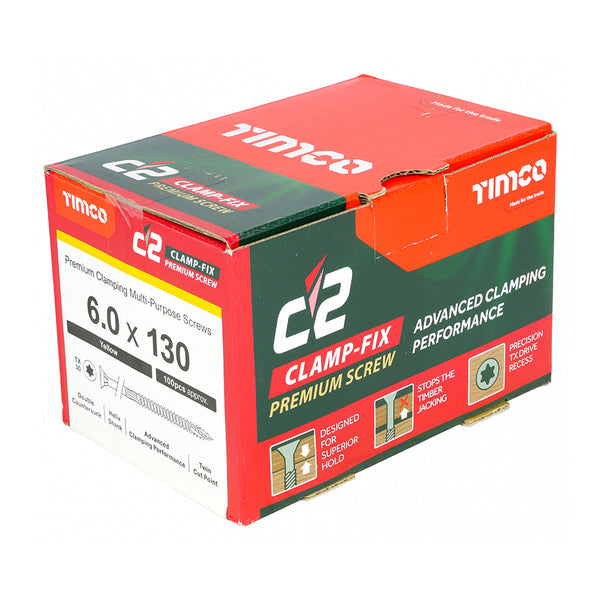 Timco C2 Clamp-Fix Multi-Purpose Premium Screws - TX - Double Countersunk - Yellow 6.0 x 130 - 100 Pieces