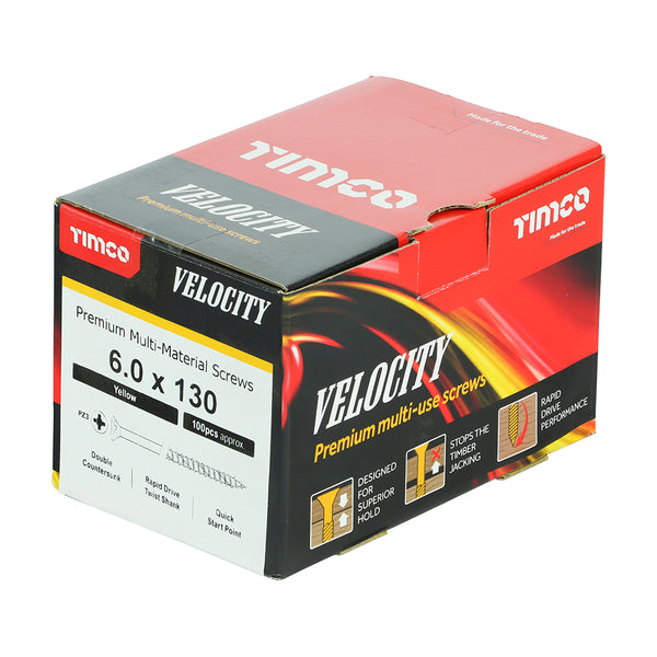 Timco Velocity Premium Multi-Use Screws - PZ - Double Countersunk - Yellow 6.0 x 130 - 100 Pieces