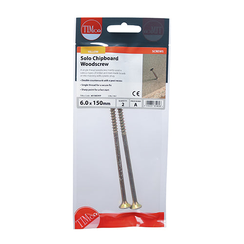 Timco Solo Woodscrews - PZ - Double Countersunk - Yellow 6.0 x 150