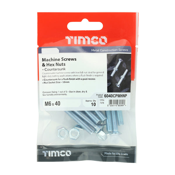 Timco Machine Screws - PZ - Countersunk & Hex Nuts - Zinc M6 x 40 - 10 Pieces