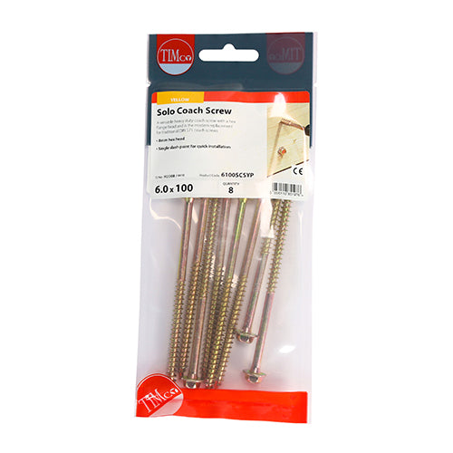 Timco Solo Coach Screws - Hex Flange - Yellow 6.0 x 100 - 8 Pieces