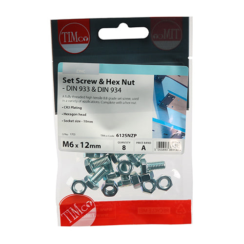 Timco Set Screws & Hex Nuts - Grade 8.8 - Zinc M6 x 12 - 8 Pieces