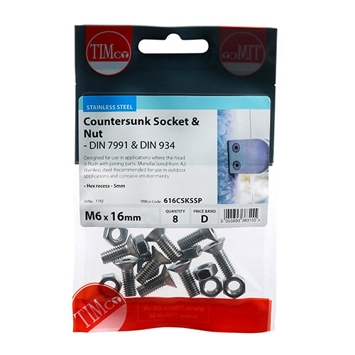 Timco Socket Screws & Hex Nuts - Countersunk - Stainless Steel M6 x 16 - 8 Pieces