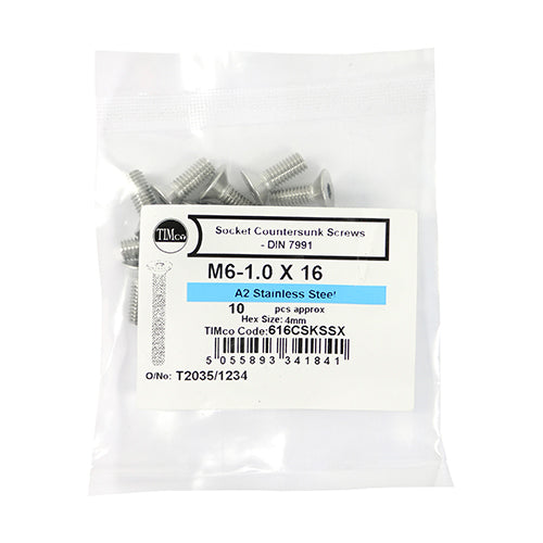 Timco Socket Screws - Countersunk - A2 Stainless Steel M6 x 16 - 10 Pieces