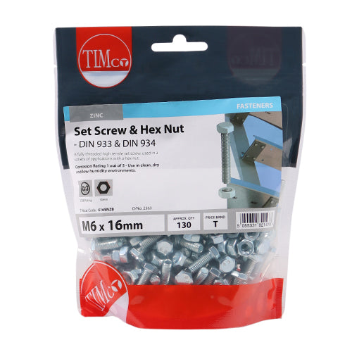 Timco Set Screws & Hex Nuts - Grade 8.8 - Zinc M6 x 16 - 130 Pieces